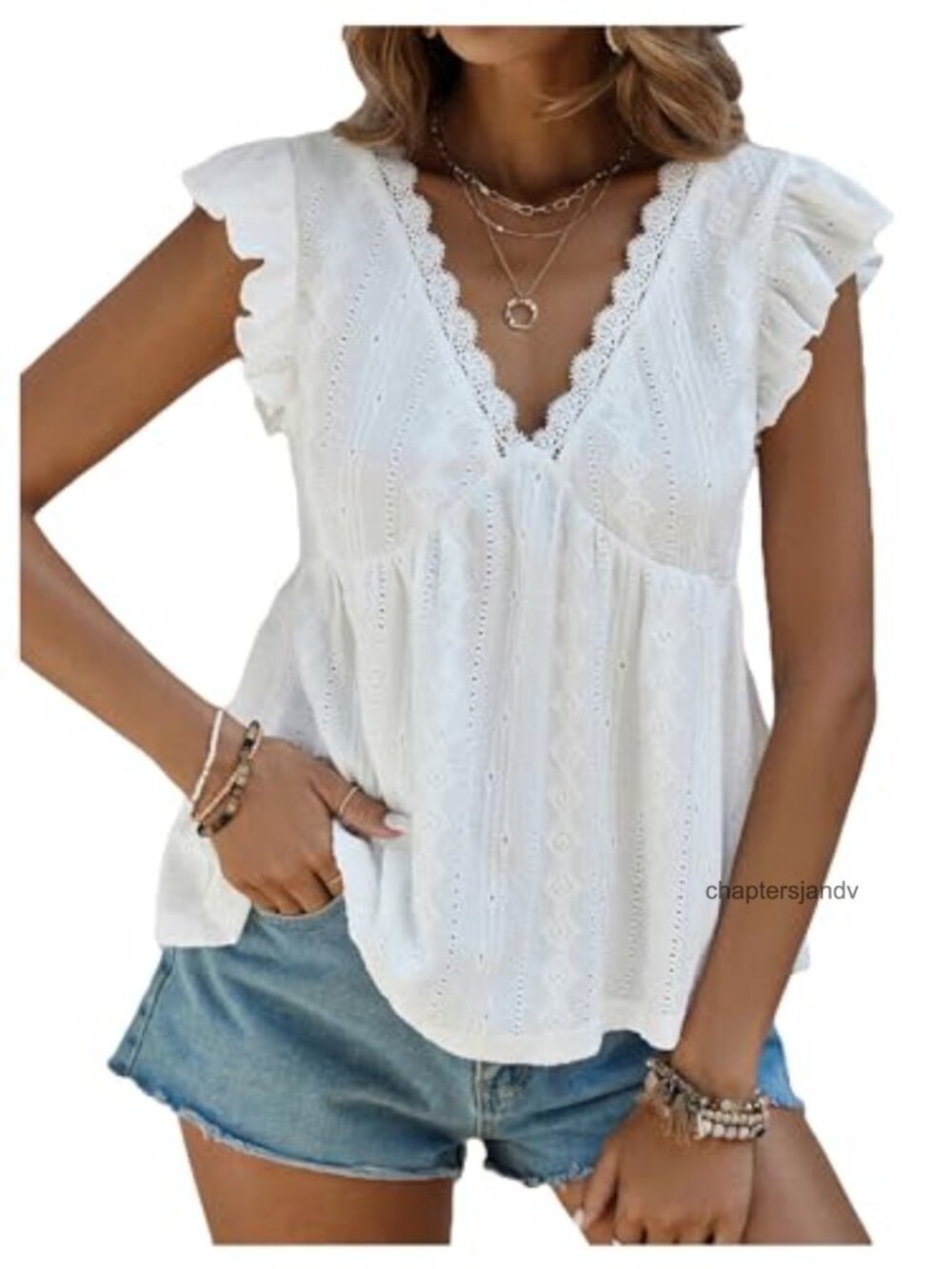 Ruffled Eyelet Tank Top Flowy Bohemian Lace Trim Blouse